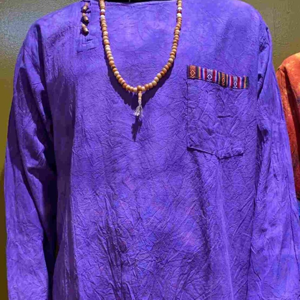 Cotton Bhutani Trim Long-Sleeve Round Neck Tunic - Tie-Dye (Violet)